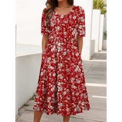 Women's Midi Dress Summer Dress Vacation Casual Beach Holiday Regular Fit Floral Graphic Short Sleeve Crew Neck Red Blue Green Summer 2025