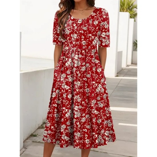 Women's Midi Dress Summer Dress Vacation Casual Beach Holiday Regular Fit Floral Graphic Short Sleeve Crew Neck Red Blue Green Summer 2025 Women's Midi Dress Summer Dress Vacation Casual Beach Holiday Regular Fit Floral Graphic Short Sleeve Crew Neck Red Blue Green Summer 2025