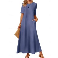 Women's Maxi Dress Casual Dress A Line Dress Stylish Basic Casual Vacation Daily Regular Fit Plain Short Sleeve Crew Neck Pink Blue Dark Green Summer