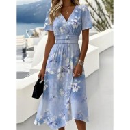 Women's Elegant Midi Dress A Line Dress Wrap Dress V Neck Short Sleeve Going out Regular Fit Floral Graphic Pink Blue Purple Green 2025