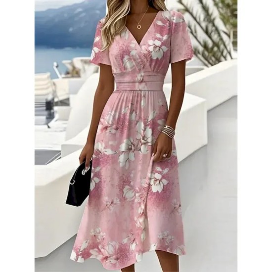 Women's Elegant Midi Dress A Line Dress Wrap Dress V Neck Short Sleeve Going out Regular Fit Floral Graphic Pink Blue Purple Green 2025 Women's Elegant Midi Dress A Line Dress Wrap Dress V Neck Short Sleeve Going out Regular Fit Floral Graphic Pink Blue Purple Green 2025