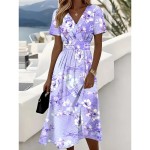 Women's Elegant Midi Dress A Line Dress Wrap Dress V Neck Short Sleeve Going out Regular Fit Floral Graphic Pink Blue Purple Green 2025 Women's Elegant Midi Dress A Line Dress Wrap Dress V Neck Short Sleeve Going out Regular Fit Floral Graphic Pink Blue Purple Green 2025
