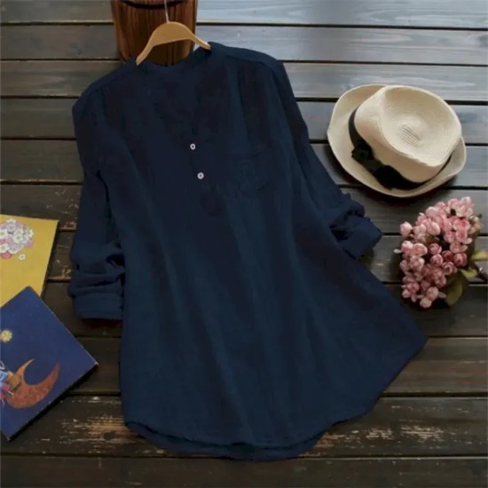 Women's Shirt Linen-Inspired Shirts Blouse Plain Basic Casual Long Sleeve V Neck Regular Tops Daily Holiday Buttons Pocket White Pink Navy Blue Summer Women's Shirt Linen-Inspired Shirts Blouse Plain Basic Casual Long Sleeve V Neck Regular Tops Daily Holiday Buttons Pocket White Pink Navy Blue Summer