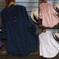 Women's Shirt Linen-Inspired Shirts Blouse Plain Basic Casual Long Sleeve V Neck Regular Tops Daily Holiday Buttons Pocket White Pink Navy Blue Summer