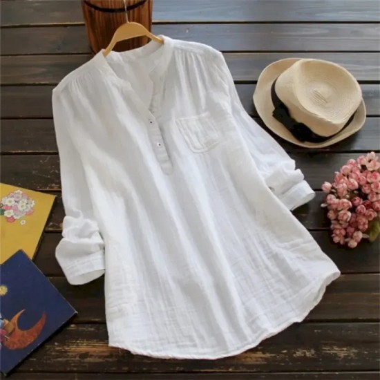 Women's Shirt Linen-Inspired Shirts Blouse Plain Basic Casual Long Sleeve V Neck Regular Tops Daily Holiday Buttons Pocket White Pink Navy Blue Summer Women's Shirt Linen-Inspired Shirts Blouse Plain Basic Casual Long Sleeve V Neck Regular Tops Daily Holiday Buttons Pocket White Pink Navy Blue Summer