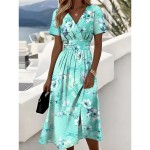 Women's Elegant Midi Dress A Line Dress Wrap Dress V Neck Short Sleeve Going out Regular Fit Floral Graphic Pink Blue Purple Green 2025 Women's Elegant Midi Dress A Line Dress Wrap Dress V Neck Short Sleeve Going out Regular Fit Floral Graphic Pink Blue Purple Green 2025