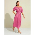 Women's Cotton Maxi Dress Casual Resort Wear Vacation Dress Green Loose Fit Off-Shoulder Puff Sleeve A line Summer Dress 2025 Women's Cotton Maxi Dress Casual Resort Wear Vacation Dress Green Loose Fit Off-Shoulder Puff Sleeve A line Summer Dress 2025