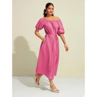 Women's Cotton Maxi Dress Casual Resort Wear Vacation Dress Green Loose Fit Off-Shoulder Puff Sleeve A line Summer Dress 2025