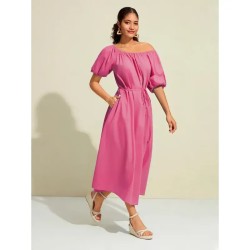 Women's Cotton Maxi Dress Casual Resort Wear Vacation Dress Green Loose Fit Off-Shoulder Puff Sleeve A line Summer Dress 2025