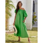 Women's Cotton Maxi Dress Casual Resort Wear Vacation Dress Green Loose Fit Off-Shoulder Puff Sleeve A line Summer Dress 2025 Women's Cotton Maxi Dress Casual Resort Wear Vacation Dress Green Loose Fit Off-Shoulder Puff Sleeve A line Summer Dress 2025