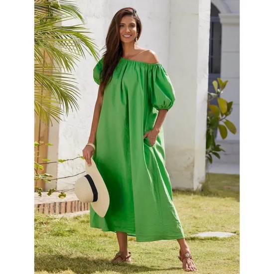Women's Cotton Maxi Dress Casual Resort Wear Vacation Dress Green Loose Fit Off-Shoulder Puff Sleeve A line Summer Dress 2025 Women's Cotton Maxi Dress Casual Resort Wear Vacation Dress Green Loose Fit Off-Shoulder Puff Sleeve A line Summer Dress 2025