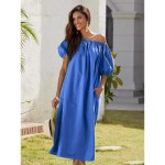 Women's Cotton Maxi Dress Casual Resort Wear Vacation Dress Green Loose Fit Off-Shoulder Puff Sleeve A line Summer Dress 2025 Women's Cotton Maxi Dress Casual Resort Wear Vacation Dress Green Loose Fit Off-Shoulder Puff Sleeve A line Summer Dress 2025