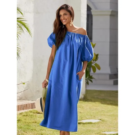 Women's Cotton Maxi Dress Casual Resort Wear Vacation Dress Green Loose Fit Off-Shoulder Puff Sleeve A line Summer Dress 2025 Women's Cotton Maxi Dress Casual Resort Wear Vacation Dress Green Loose Fit Off-Shoulder Puff Sleeve A line Summer Dress 2025