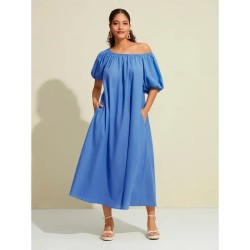 Women's Cotton Maxi Dress Casual Resort Wear Vacation Dress Green Loose Fit Off-Shoulder Puff Sleeve A line Summer Dress 2025 Women's Cotton Maxi Dress Casual Resort Wear Vacation Dress Green Loose Fit Off-Shoulder Puff Sleeve A line Summer Dress 2025