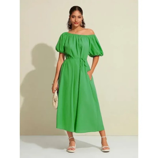 Women's Cotton Maxi Dress Casual Resort Wear Vacation Dress Green Loose Fit Off-Shoulder Puff Sleeve A line Summer Dress 2025 Women's Cotton Maxi Dress Casual Resort Wear Vacation Dress Green Loose Fit Off-Shoulder Puff Sleeve A line Summer Dress 2025