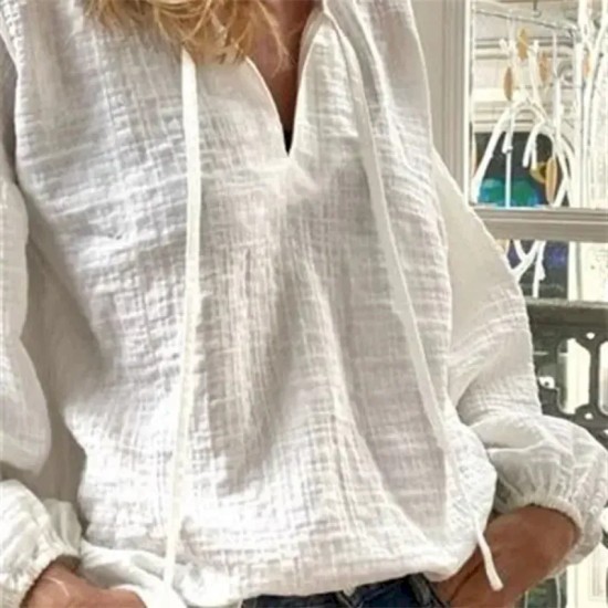 Women's Shirt Cotton Linen Shirt Vintage Long Sleeve Lantern Sleeve V Neck Going out White Spring & Fall 2025 Women's Shirt Cotton Linen Shirt Vintage Long Sleeve Lantern Sleeve V Neck Going out White Spring & Fall 2025
