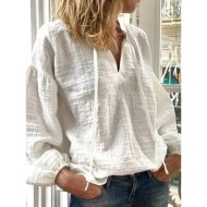 Women's Shirt Cotton Linen Shirt Vintage Long Sleeve Lantern Sleeve V Neck Going out White Spring &  Fall 2025