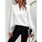 Women's Shirt Blouse Solid Color Basic Casual Long Sleeve V Neck Regular Tops Daily Lace Patchwork White Fall Winter 2025 Women's Shirt Blouse Solid Color Basic Casual Long Sleeve V Neck Regular Tops Daily Lace Patchwork White Fall Winter 2025