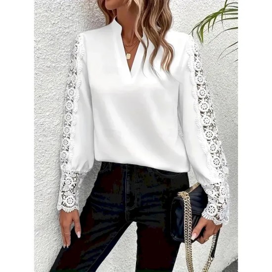 Women's Shirt Blouse Solid Color Basic Casual Long Sleeve V Neck Regular Tops Daily Lace Patchwork White Fall Winter 2025 Women's Shirt Blouse Solid Color Basic Casual Long Sleeve V Neck Regular Tops Daily Lace Patchwork White Fall Winter 2025