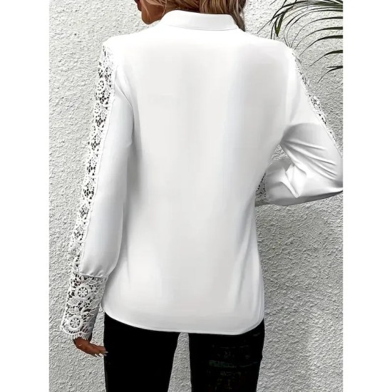 Women's Shirt Blouse Solid Color Basic Casual Long Sleeve V Neck Regular Tops Daily Lace Patchwork White Fall Winter 2025 Women's Shirt Blouse Solid Color Basic Casual Long Sleeve V Neck Regular Tops Daily Lace Patchwork White Fall Winter 2025
