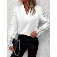 Women's Shirt Blouse Solid Color Basic Casual Long Sleeve V Neck Regular Tops Daily Lace Patchwork White Fall Winter 2025