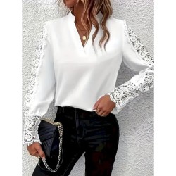 Women's Shirt Blouse Solid Color Basic Casual Long Sleeve V Neck Regular Tops Daily Lace Patchwork White Fall Winter 2025