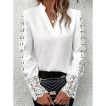 Women's Shirt Blouse Solid Color Basic Casual Long Sleeve V Neck Regular Tops Daily Lace Patchwork White Fall Winter 2025 Women's Shirt Blouse Solid Color Basic Casual Long Sleeve V Neck Regular Tops Daily Lace Patchwork White Fall Winter 2025