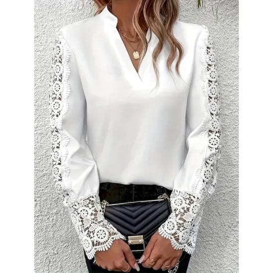 Women's Shirt Blouse Solid Color Basic Casual Long Sleeve V Neck Regular Tops Daily Lace Patchwork White Fall Winter 2025 Women's Shirt Blouse Solid Color Basic Casual Long Sleeve V Neck Regular Tops Daily Lace Patchwork White Fall Winter 2025