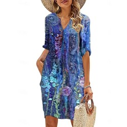 Women's Casual Dress Ethnic Dress Shift Dress Midi Dress Leopard Black White Half Sleeve Floral Print Summer Spring V Neck Basic Daily Vacation Weeken