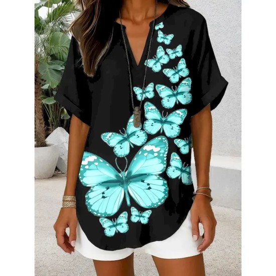 Women's Blouse V Neck Graphic Butterfly Daily Stylish Casual Short Sleeve Regular Tops Daily Holiday Black Red Blue Purple Summer Spring 2025 Women's Blouse V Neck Graphic Butterfly Daily Stylish Casual Short Sleeve Regular Tops Daily Holiday Black Red Blue Purple Summer Spring 2025