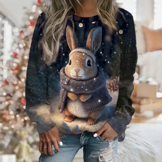 Women's Sweatshirt Pullover Rabbit Casual Sports Print Sportswear Festival Round Neck Long Sleeve Top Micro-elastic Fall & Winter 2025 Women's Sweatshirt Pullover Rabbit Casual Sports Print Sportswear Festival Round Neck Long Sleeve Top Micro-elastic Fall & Winter 2025