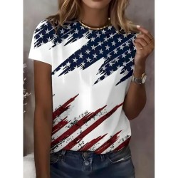 Women's Patriotic  T Shirt Graphic Flag Vintage Stylish Classic Short Sleeve Crew Neck Round Neck Regular Tops Daily Weekend Print Black White Red Blu