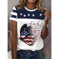 Women's Patriotic  T Shirt Graphic Flag Vintage Stylish Classic Short Sleeve Crew Neck Round Neck Regular Tops Daily Weekend Print Black White Red Blu