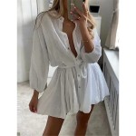 Women's White Dress Shirt Dress Mini Dress Date Vacation Linen Basic Casual Stand Collar Button Long Sleeve Summer Spring Regular Fit Plain 2025 - US Women's White Dress Shirt Dress Mini Dress Date Vacation Linen Basic Casual Stand Collar Button Long Sleeve Summer Spring Regular Fit Plain 2025 - US