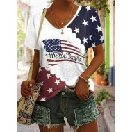 Women's Patriot Veteran Patriotic  Blouse Flag Casual Red White And Blue Short Sleeve V Neck Regular Tops Daily Print Blue Summer Spring 2025