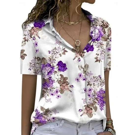 Women's Shirt Blouse Floral Stylish Casual Short Sleeve Shirt Collar Regular Tops Daily Buttons Print Blue Purple Green Summer Spring 2025 Women's Shirt Blouse Floral Stylish Casual Short Sleeve Shirt Collar Regular Tops Daily Buttons Print Blue Purple Green Summer Spring 2025