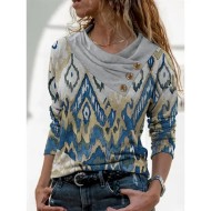 Women's T shirt Long Sleeve Geometric Abstract Vintage Stylish Basic Long Sleeve Pile Neck V Neck Regular Tops Daily Weekend Buttons Print White Gray