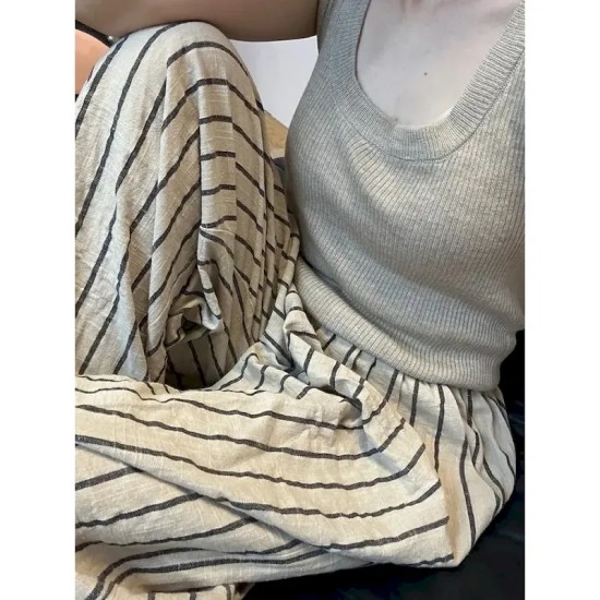 Women's Linen Blend Culottes Wide Leg Vacation Vintage Ethnic Style Full Length Mid Waist Striped Stripe Comfortable Breathable Inelastic Vacation Hom Women's Linen Blend Culottes Wide Leg Vacation Vintage Ethnic Style Full Length Mid Waist Striped Stripe Comfortable Breathable Inelastic Vacation Hom