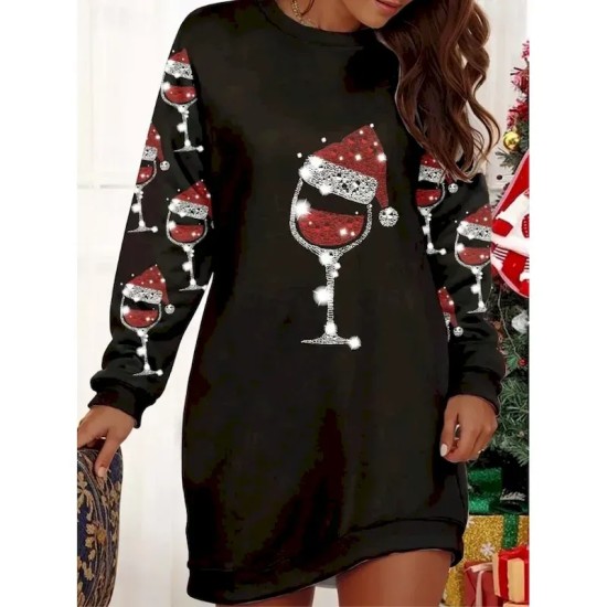 Christmas Women's Mini Dress Shift Dress Vacation Casual Party Daily Loose Fit Graphic Santa Claus Christmas Tree Long Sleeve Crew Neck Black White Wi