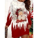 Christmas Women's Mini Dress Shift Dress Vacation Casual Party Daily Loose Fit Graphic Santa Claus Christmas Tree Long Sleeve Crew Neck Black White Wi