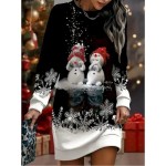 Christmas Women's Mini Dress Shift Dress Vacation Casual Party Daily Loose Fit Graphic Santa Claus Christmas Tree Long Sleeve Crew Neck Black White Wi