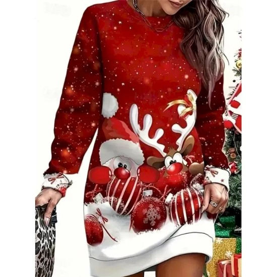 Christmas Women's Mini Dress Shift Dress Vacation Casual Party Daily Loose Fit Graphic Santa Claus Christmas Tree Long Sleeve Crew Neck Black White Wi