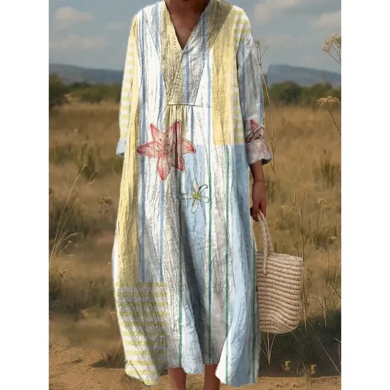 Women's Midi Dress A Line Dress Fit And Flare Dress Casual Boho Wedding Guest Daily Going out Loose Fit Floral Graphic Geometric Long Sleeve V Neck Li Women's Midi Dress A Line Dress Fit And Flare Dress Casual Boho Wedding Guest Daily Going out Loose Fit Floral Graphic Geometric Long Sleeve V Neck Li
