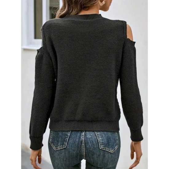 Women's Sweater Casual Soft Pure Color Cable Crew Neck Knitted Cold Shoulder Long Sleeve Regular Tops Knit Outdoor Daily Weekend Black Fall Winter 202 Women's Sweater Casual Soft Pure Color Cable Crew Neck Knitted Cold Shoulder Long Sleeve Regular Tops Knit Outdoor Daily Weekend Black Fall Winter 202