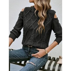 Women's Sweater Casual Soft Pure Color Cable Crew Neck Knitted Cold Shoulder Long Sleeve Regular Tops Knit Outdoor Daily Weekend Black Fall Winter 202 Women's Sweater Casual Soft Pure Color Cable Crew Neck Knitted Cold Shoulder Long Sleeve Regular Tops Knit Outdoor Daily Weekend Black Fall Winter 202