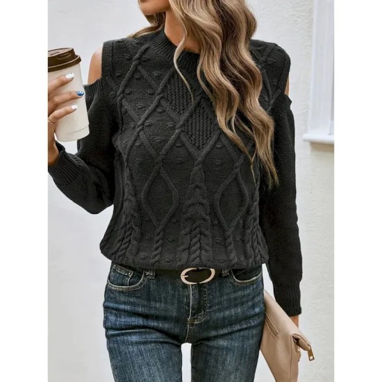Women's Sweater Casual Soft Pure Color Cable Crew Neck Knitted Cold Shoulder Long Sleeve Regular Tops Knit Outdoor Daily Weekend Black Fall Winter 202 Women's Sweater Casual Soft Pure Color Cable Crew Neck Knitted Cold Shoulder Long Sleeve Regular Tops Knit Outdoor Daily Weekend Black Fall Winter 202