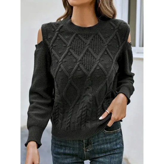 Women's Sweater Casual Soft Pure Color Cable Crew Neck Knitted Cold Shoulder Long Sleeve Regular Tops Knit Outdoor Daily Weekend Black Fall Winter 202 Women's Sweater Casual Soft Pure Color Cable Crew Neck Knitted Cold Shoulder Long Sleeve Regular Tops Knit Outdoor Daily Weekend Black Fall Winter 202