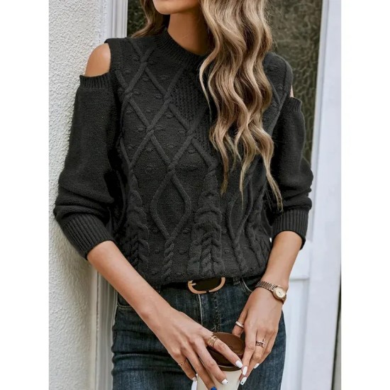 Women's Sweater Casual Soft Pure Color Cable Crew Neck Knitted Cold Shoulder Long Sleeve Regular Tops Knit Outdoor Daily Weekend Black Fall Winter 202 Women's Sweater Casual Soft Pure Color Cable Crew Neck Knitted Cold Shoulder Long Sleeve Regular Tops Knit Outdoor Daily Weekend Black Fall Winter 202