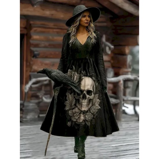 Women's Maxi Dress A Line Dress Vacation Casual Boho Beach Regular Fit Graphic Skull Bull Long Sleeve V Neck Black Wine Dark Grey Spring Fall 2025 - U Women's Maxi Dress A Line Dress Vacation Casual Boho Beach Regular Fit Graphic Skull Bull Long Sleeve V Neck Black Wine Dark Grey Spring Fall 2025 - U