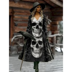 Women's Maxi Dress A Line Dress Vacation Casual Boho Beach Regular Fit Graphic Skull Bull Long Sleeve V Neck Black Wine Dark Grey Spring Fall 2025 - U